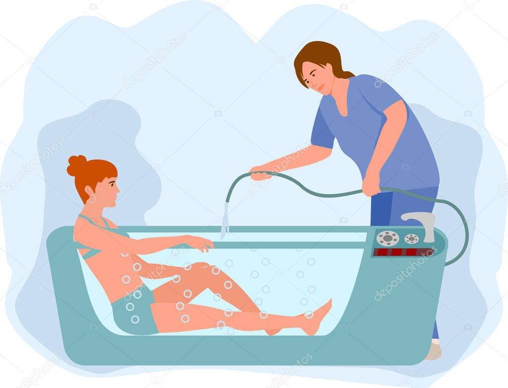 Therapeutic whirlpool bath. Flat therapist character working with disabled patient, rehabilitating physical activity, physiotherapy isolated on white.