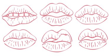 Lips icon or logo isolated sign. Lips symbol set. Teeth behind lips, tongue licks lips. Mouth shape. Facial expressions. Vector illustration.