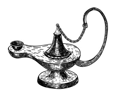 Yağ lambası. Mürekkep çizimi beyaz arkaplanda izole edildi. Cin lambası Arap Tasarımı. Vektör antik nesneler. El çizimi vektör çizimi. Retro biçimi