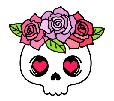 Cute skull with floral wreath. Vector concept illustration in Hipster. Mystical occult object. Cute witchy illustration. For greeting card, poster, or print on clothes