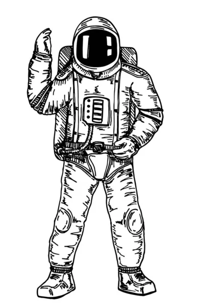 Hand drawn Astronaut with black glass on the helmet isolated on white background. Spaceman. Astronaut with his hand raised in greeting. Sketch Design illustration — Stok Vektör