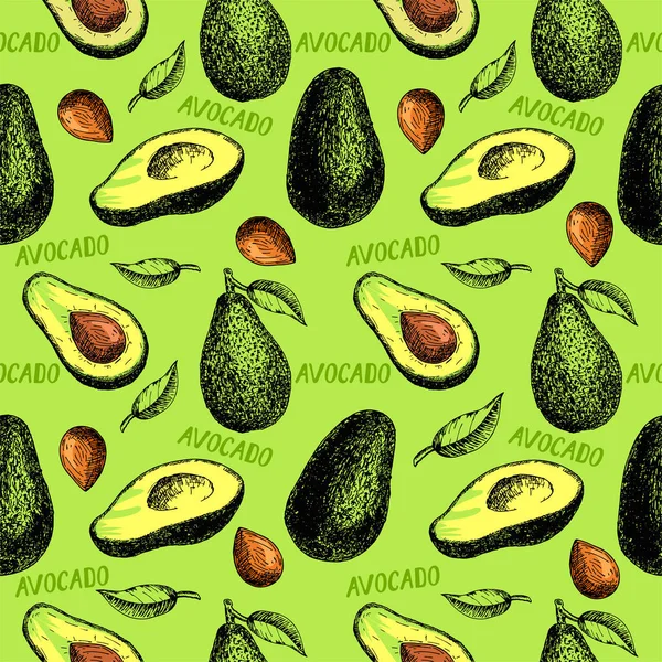 Seamless pattern with avocado, a bone, on a green background. Healthy food. It can be used for packaging, wrapping paper, prints, clothing, blanket, banner, and more. — Vettoriale Stock