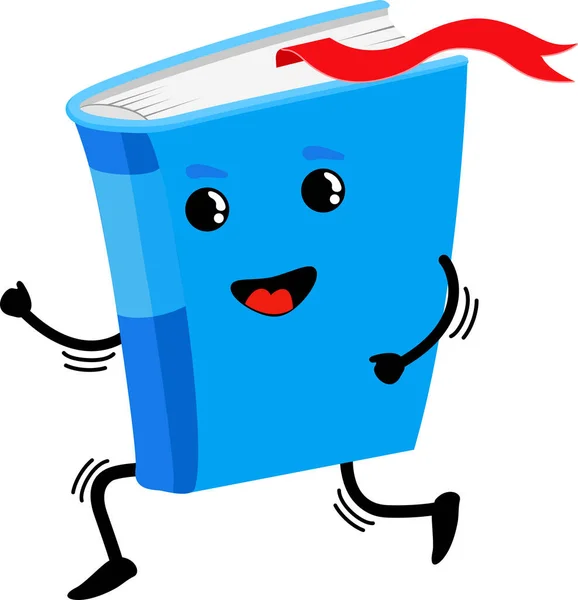 カワイイランニングブック。フルスピードで走るブルーブック。かわいい教科書のキャラクター、楽しい学習、漫画のアイコンのベクトルイラストは白い背景に隔離された — ストックベクタ