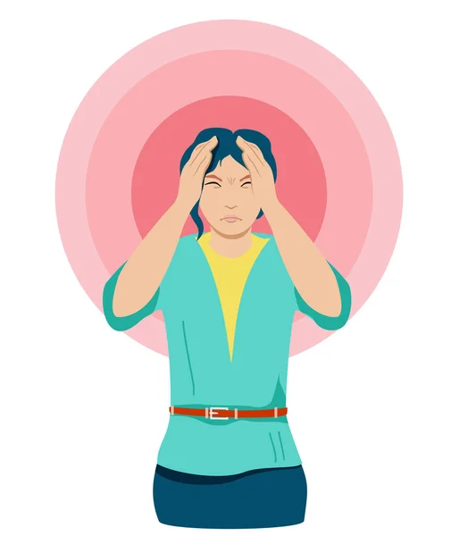 The woman suffers from headaches and migraines. Symptoms of a viral disease. Woman clutching at head with both hands. Vector character in the cartoon style — Vector de stock