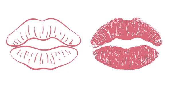 Rouge à lèvres baiser imprimé et icône lèvres isolé. Jeu de symboles des lèvres. Forme de bouche. — Image vectorielle