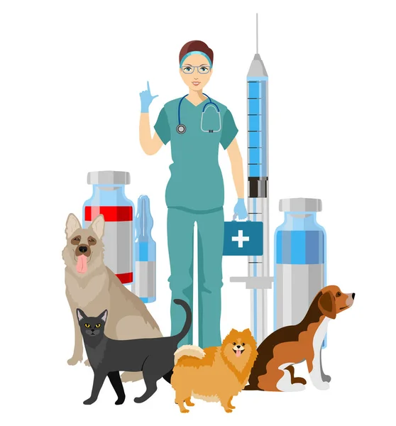 Pet veterinarian. Veterinary doctor checking and treating animals. Idea of pet care. Veterinarian dogs cat characters. Vector Illustration of woman veterinarian with cute pets — Stok Vektör