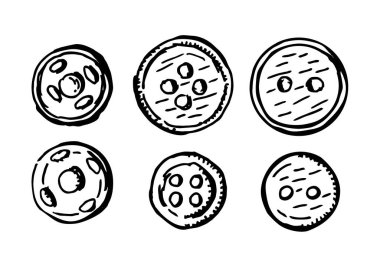 El yapımı kumaş düğmeler. Vektör çizimi. Beyaz arkaplana eski usul oymalı düğmeleri yerleştirir.