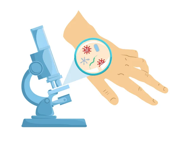 フラットイラスト顕微鏡や細菌。顕微鏡下の微生物。虫眼鏡の下の人間の手は、コロナウイルスを探しています。ベクターイラスト — ストックベクタ