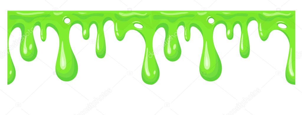 Seamless dripping slime repeatable isolated on white. Cartoon mucus green goo drip sticky slimy mucus, liquid splash splatter, viscous snot, blob poison, splodge glow glue jelly. Vector illustration