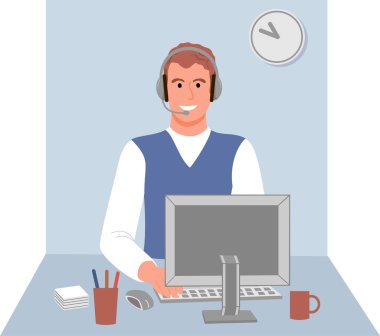 İş yerinde çalışan çağrı merkezinin operatörü ve online müşterilere danışmanlık yapıyor. Bilgi, telefon danışma çizimleri. Gülümseyen bir yardım hattı çalışanı. Vektör illüstrasyonu