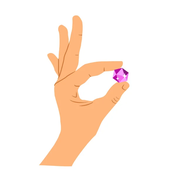 Diamant in der Hand, Edelstein in der Hand. Edelstein oder Diamant in der Hand isoliert auf weißem Hintergrund. Cartoon-Stil. Illustration für Design und Dekoration — Stockvektor