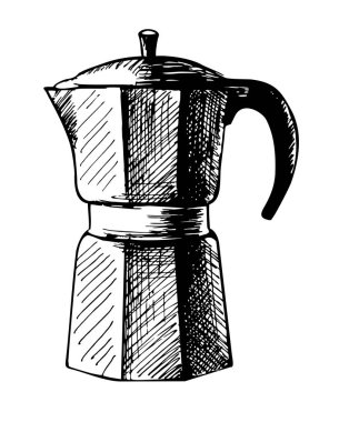 Kahve makinesi, espresso makinesi, Moka Express, moka kahve, moka pot. Çizim tasarımı vektör çizimi. Gayzer kahve makinesi. Beyaz arkaplanda izole