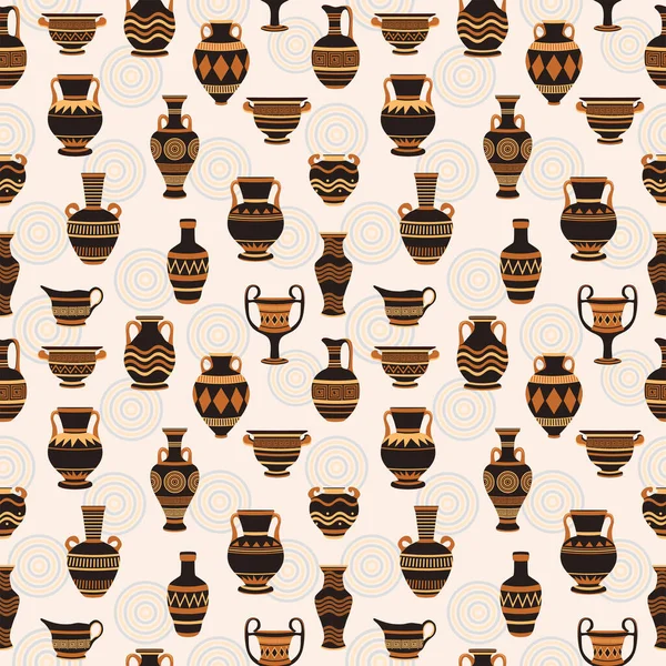 Vazen vector naadloos patroon. Oude bowls achtergrond. Amfoor, aardewerk Griekenland naadloos patroon — Stockvector