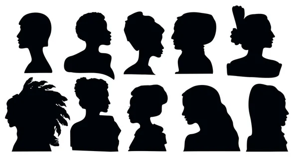 多様な文化の女性のシルエットプロフィールグループ。多様性多民族と多人種の人々が設定されます。多様性多民族と多人種の人々。女性のプロフィール。ベクターイラスト ベクターグラフィックス