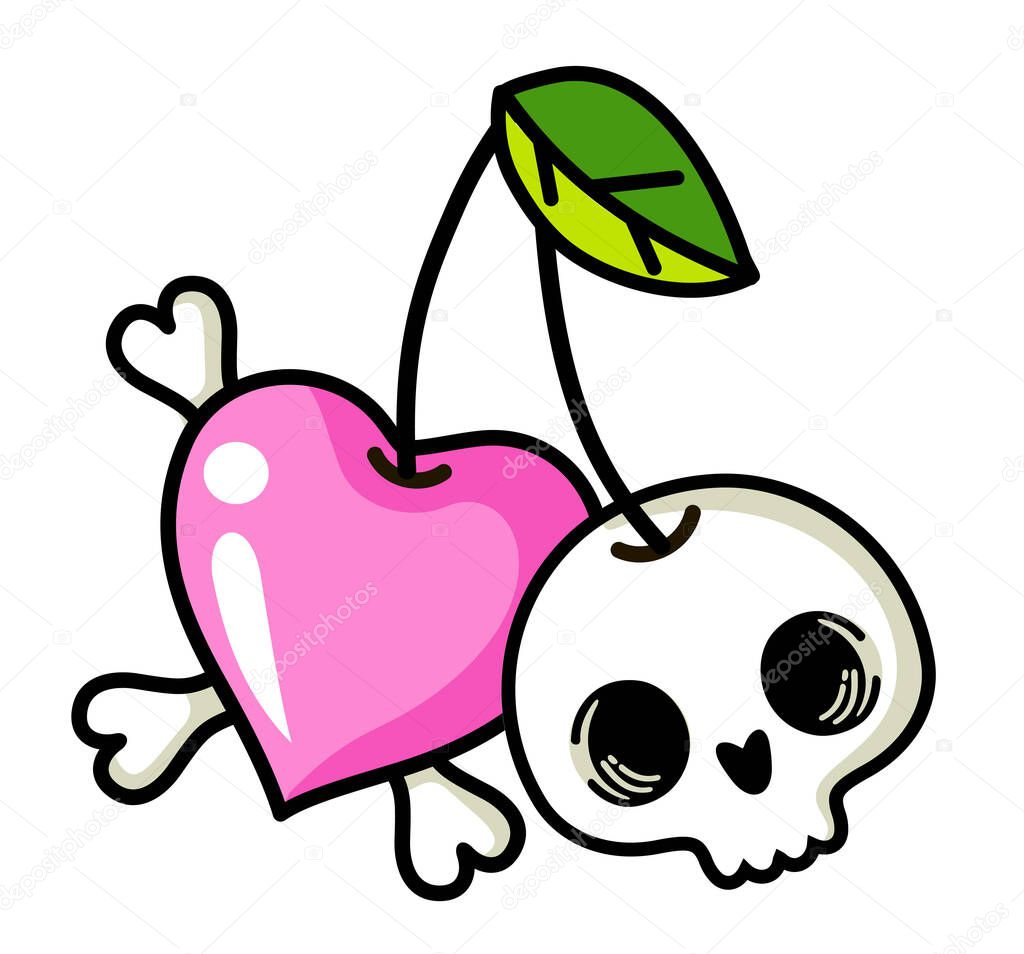 Sweet cherry skull. Cherry skull and heart. Sketch of a tattoo. Halloween flat design. Valentines Day love card. Cartoon vector illustration
