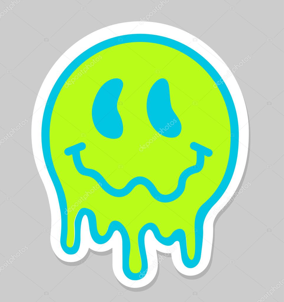 Trippy psychedelic Sticker. Melting smiling face. Psychedelic surreal techno acid LSD melt smile face logo