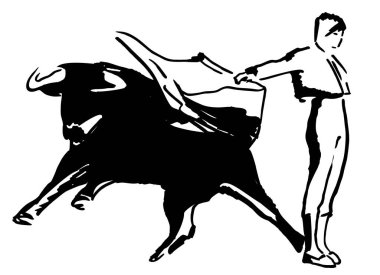 Corrida, İspanya 'da boğa güreşi. Matador, boğa güreşçisi, boğa güreşi. El çizimi mürekkep çizimi. Vektör illüstrasyonu