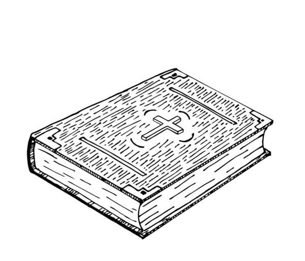 Svatá biblická kniha na bílém pozadí. Ikona Bible. Stará tlustá kniha. Ručně kreslený vektorový vinobraní ilustrace. Obrázek vektorového náčrtku — Stockový vektor