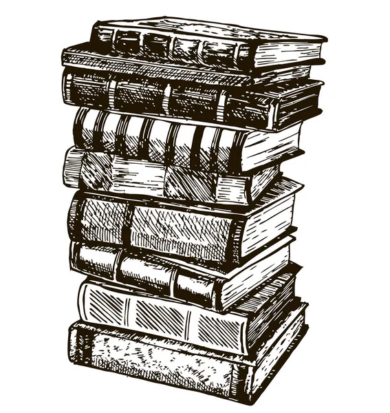 Egy halom régi könyv elszigetelve fehér háttérrel. Egy rakás kézzel rajzolt könyv tintával. Vektorvázlat illusztráció — Stock Vector