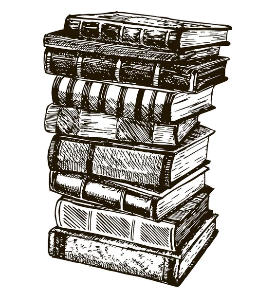 Montón de libros antiguos aislados sobre fondo blanco. Montón de libros dibujados a mano en tinta. Dibujo vectorial ilustración — Archivo Imágenes Vectoriales