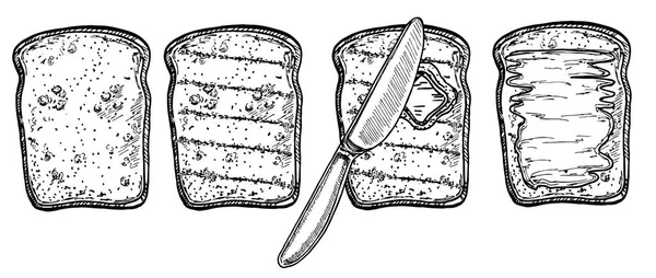 Infográfico de receita passo a passo para fazer um brinde com manteiga. Um brinde. Fazendo torradas de pão em casa, lanche quente, café da manhã. Pão fresco e frito. Sanduíche com manteiga — Vetor de Stock