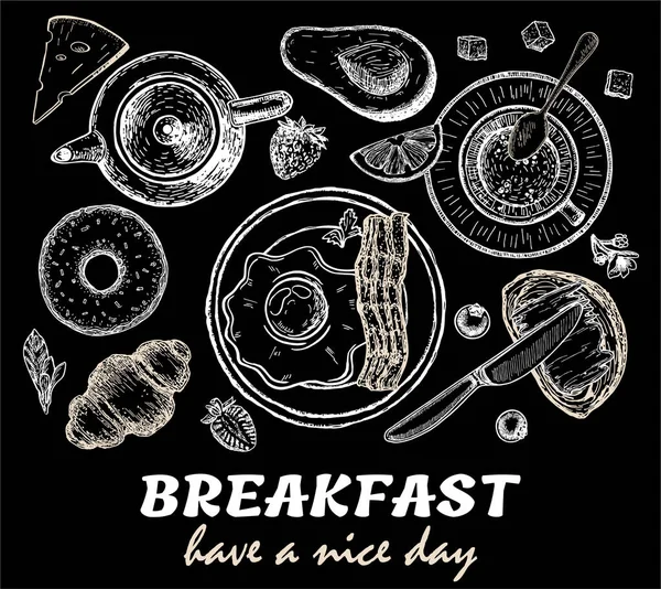 Frukost ovanifrån. Morgon mat meny design. Frukostdisksamling. Vintage handritad skiss, vektor illustration. Meny eller skylt mall för bageri och café. Svart bakgrund. — Stock vektor