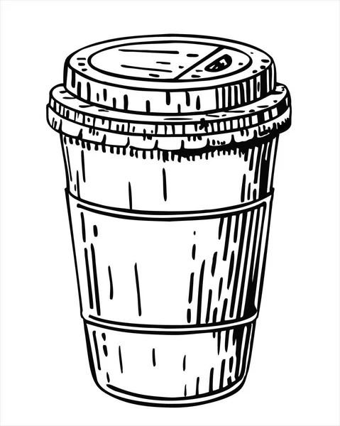Καφές για τα εμβλήματα. Ζεστός καφές μιας χρήσης για να πάει κύπελλο σκίτσο απομονώνονται σε ένα λευκό. Ασπρόμαυρη απεικόνιση για καφέ, μενού εστιατορίων. Χειροποίητες vintage εικονογραφήσεις — Διανυσματικό Αρχείο