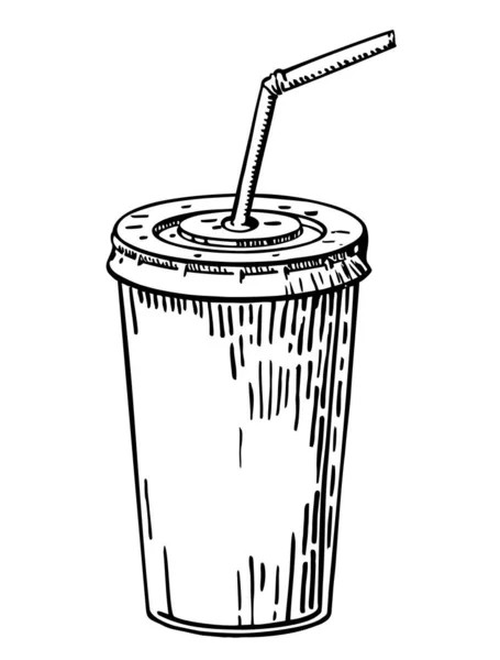 Векторный эскиз пластика, бумага одноразовые прохладительные напитки чашки с крышкой и соломой. Изолированная иллюстрация на белом фоне. Кола, газировка, кружка с напитками. Рисунок — стоковый вектор