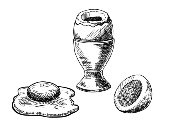 Huevo cocido, huevo cocido, huevo frito. Conjunto de alimentos saludables. Ilustración del bosquejo vectorial. Imagen aislada sobre fondo blanco — Archivo Imágenes Vectoriales