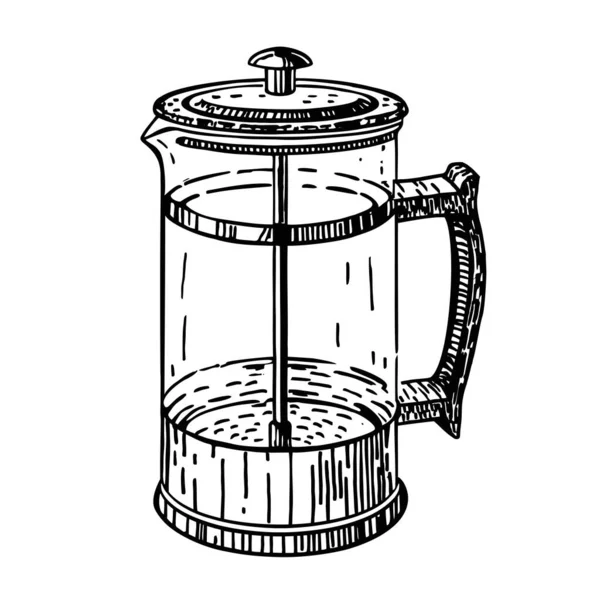 Imprensa francesa para fazer café em estilo vintage. Bule de chá com imprensa. Conceito de serviço de preparação de café barista. Desenho estilo ilustração vetorial. A preparar cappuccino ou café expresso. Para etiqueta ou menu — Vetor de Stock