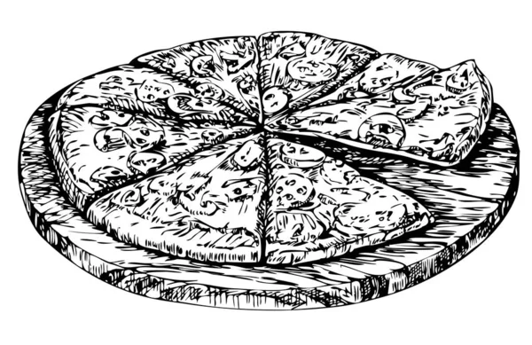 Pizza su fondo bianco. Pizza italiana, Pizza design modello disegnato a mano vettore illustrazione schizzo realistico. Pizza su tavola di legno, illustrazione disegnata a mano — Vettoriale Stock