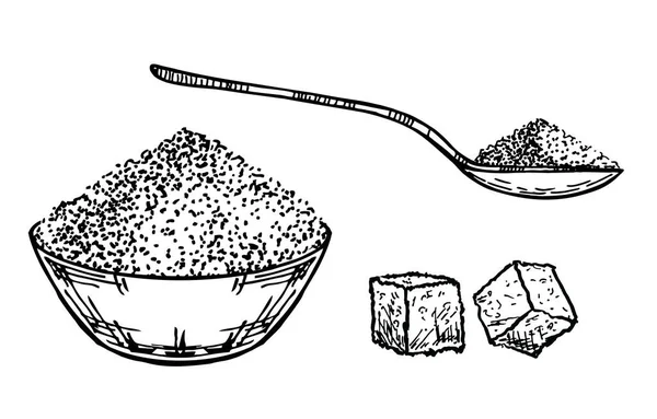 Ilustración vectorial del tema conjunto de azúcar de cristal dulce y azúcar en fondo blanco a granel. Azúcar blanco refinado. Azucarero, refinado y una cucharada. Dibujo hecho a mano — Archivo Imágenes Vectoriales