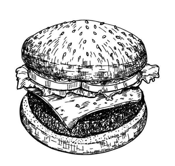 Duży hamburger, hamburger. Rysowanie ręczne wektor szkic stylu retro. Burger amerykański cheeseburger z sałatą pomidorową z wołowiną i sosem. Odizolowany. Fast Food. Ilustracja wektora — Wektor stockowy