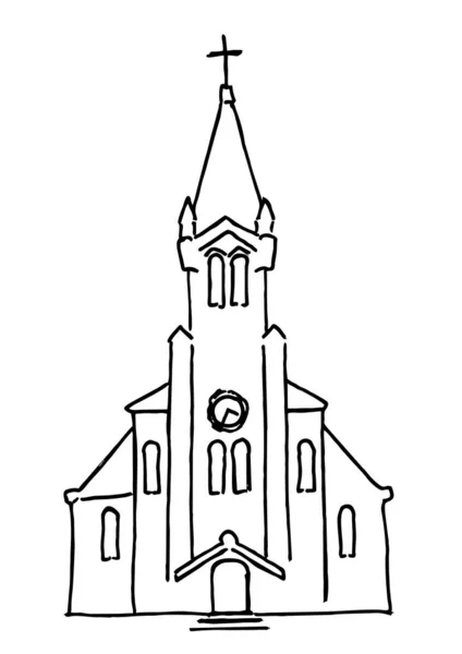 손으로 그린 낙서 기독교 건축물 교회 아이콘 과 가톨릭 십자가 그림은 전통적 인 상징을 스케치한다. 종교적 개념 요소. 흰 배경에 고립됨 — 스톡 벡터