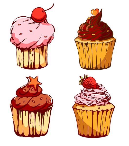 Illustrationsset von verschiedenen Cupcakes. Süßes Essen Schokolade cremige Cupcake Set isoliert Skizze Vektor Illustration — Stockvektor