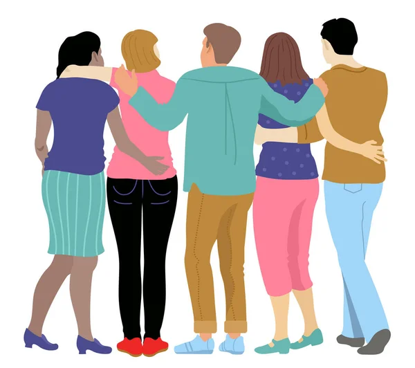 Hugging backs. Group people hugs friends back view, embrace students team, friendship unity school together, family relationship teamwork. Diverse friends of a group of people hugging together vector — Stock Vector