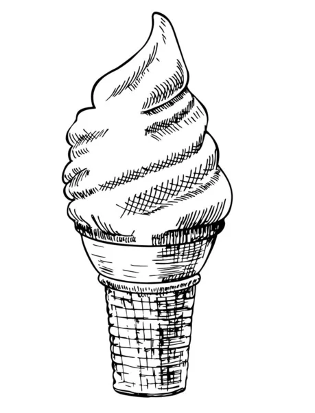 Eis mit Waffelröhre auf weißem Hintergrund. Eiszapfen-Sketch. Handgezeichnetes aromatisiertes Dessert isoliert auf weißem Hintergrund. Jahrgangs-Vektorillustration — Stockvektor