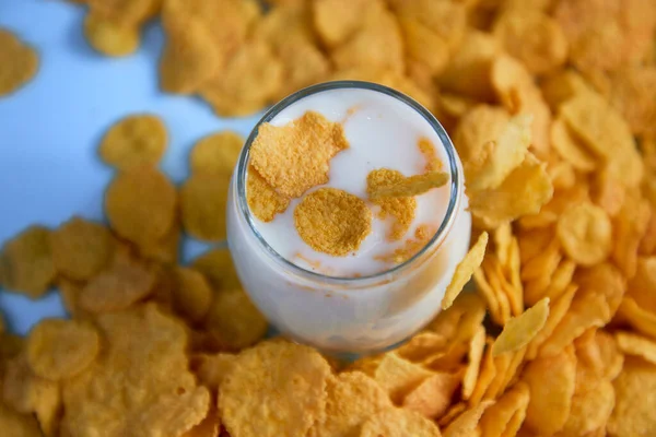 Corn Flakes Glass Milk Top View — Stock Photo, Image