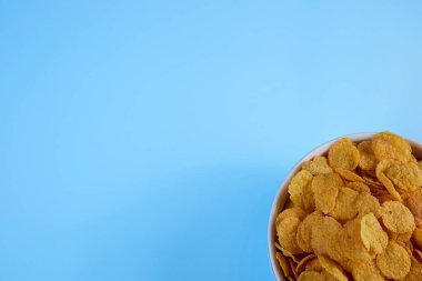 cornflakes in a shelf on a blue background top view