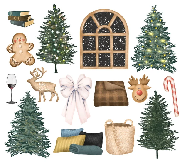 Conjunto Decoração Casa Inverno Árvores Natal Ilustração Isolada Sobre Fundo — Fotografia de Stock