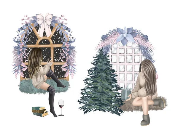 Иллюстрация Красивых Девушек Окон Канун Рождества Дома Изолированная Иллюстрация Белом — стоковое фото