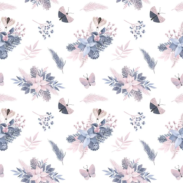 Christmas Seamless Pattern Pastel Christmas Florals Winter Plants Moths Hand — Stock Photo, Image
