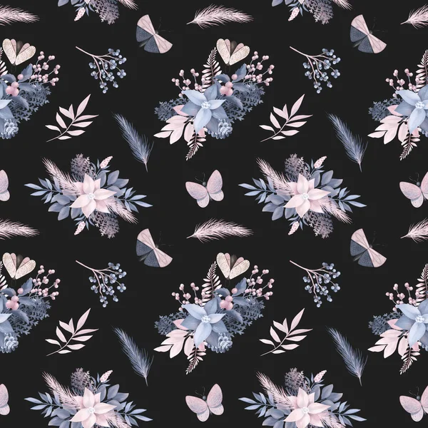 Christmas Seamless Pattern Pastel Christmas Florals Winter Plants Moths Hand — Stock Photo, Image