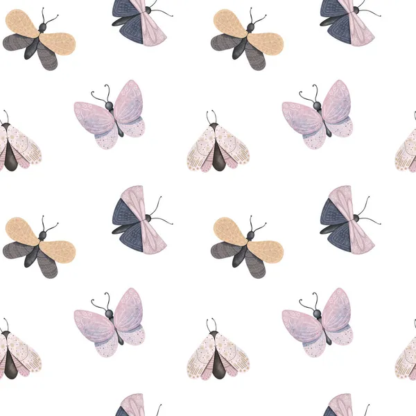 Seamless Pattern Pastel Moths Butterflies Hand Drawn Illustration White Background — Stock Photo, Image