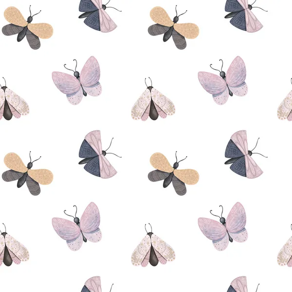 Seamless pattern of pastel moths and butterflies, hand drawn illustration on white background