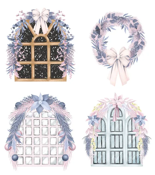 Jul Vinter Fönster Dekorerade Med Pastell Blommor Girlanger Isolerad Illustration — Stockfoto