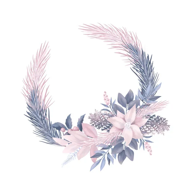针叶树和冬季植物的针叶树花环 白色背景的手绘插图 — 图库照片