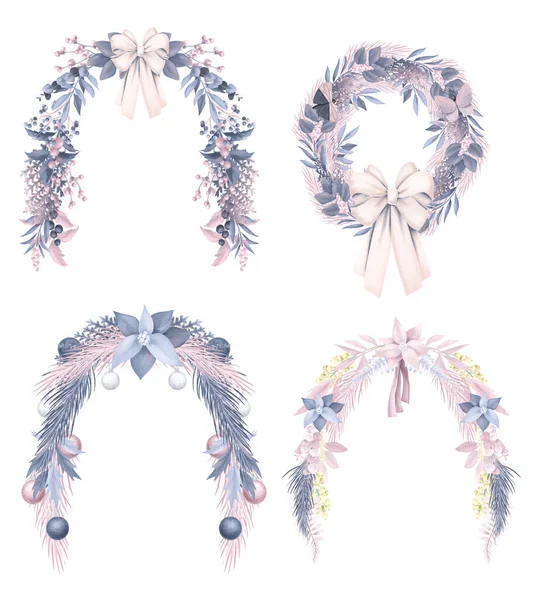 Jul Pastell Blommor Girlanger Och Krans Set Handritad Illustration Vit — Stockfoto