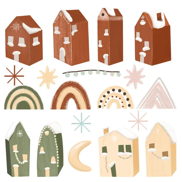 Conjunto Acogedoras Casas Navidad Invierno Arco Iris Elementos Decoración Simples —  Fotos de Stock
