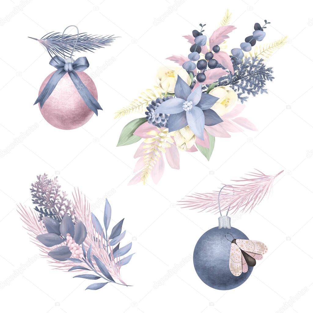 Christmas bouquets of poinsettia, conifer branches, moths, eucalyptus and winter plants and decorations, isolated illustration on white background